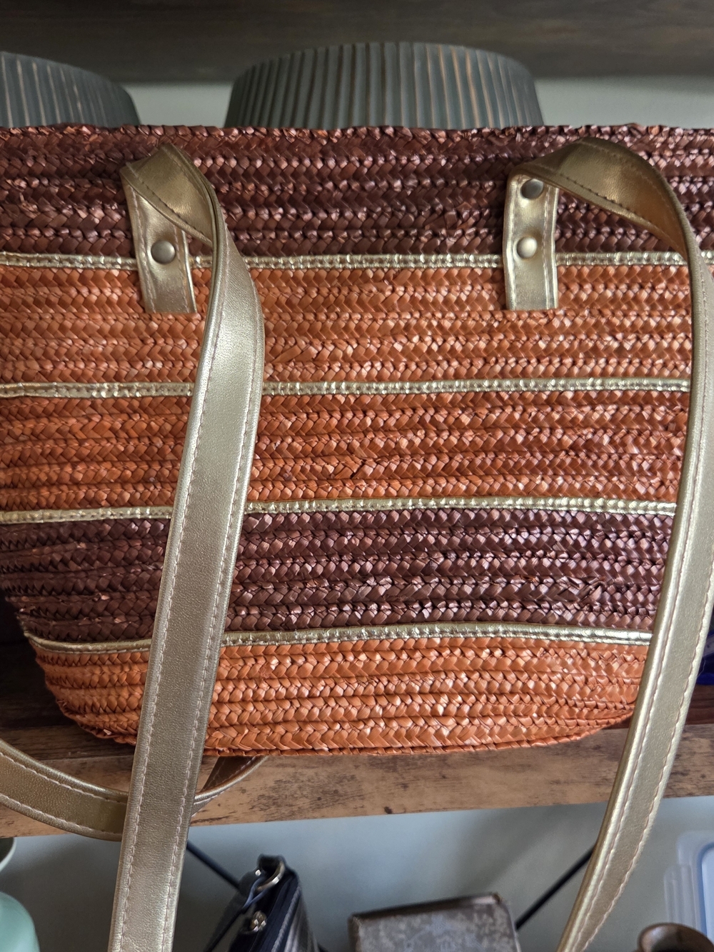 Striped Orange and Brown Woven Tote with Metallic Gold Straps